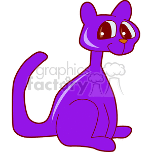 The image shows a stylized purple cat. The cat is sitting with its tail curled upward. It has large, expressive eyes that appear slightly crossed, giving it a cute and whimsical appearance. Its fur is a vivid shade of purple, and the overall style of the drawing has a simplistic and cartoonish look.