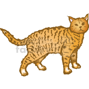 The clipart image depicts a stylized representation of a cat. The cat is standing with its body side-on to the viewer, and it is facing towards the right. It has a visible stripy pattern on its fur, suggesting it might be a tabby. The coloration is a golden or orange hue with darker stripes. The cat has pointed ears, whiskers, and a content facial expression.