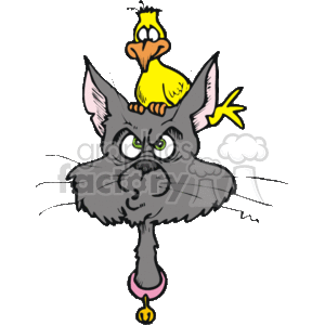The clipart image depicts a humorous scene involving pets: a cat with a grumpy expression and a small bird perched on top of its head. The cat's eyes are looking upwards toward the bird with a seemingly annoyed or resigned look. The bird, on the other hand, appears cheerful and oblivious to the cat's discomfort. Both the cat and the bird are depicted in a cartoonish style, emphasizing the comedic aspect of the situation. This image could be used to convey the idea of unlikely friendships, the humorous nature of pet interactions, or the concept of tolerance and patience.