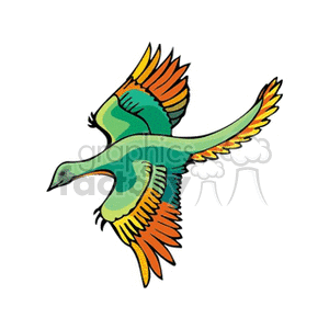 The clipart image shows a stylized depiction of a bird, which could be interpreted as an ancient, prehistoric bird, often associated with dinosaurs due to their evolutionary connection. The bird is illustrated with a green body and contrasting orange and yellow wings, which are spread out as if it is in flight. The bird has a streamlined body, a pointed beak, and it exhibits features that suggest it could be a representation of a prehistoric creature or an imaginative depiction of a dinosaur-bird.