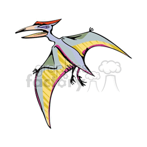 This clipart image depicts a colorfully illustrated pterodactyl, which is a type of prehistoric flying reptile that lived during the time of the dinosaurs. It is not a bird but often associated with dinosaurs due to its ancient origins and reptilian features.