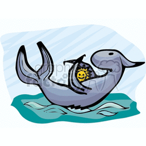 The clipart image depicts a stylized representation of a gray aquatic dinosaur, which resembles a whale. The background features blue waves and a lighter blue sky with abstract lines, indicating movement or a breezy environment.