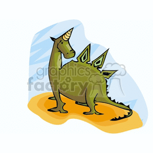 This clipart image features a stylized, friendly-looking dinosaur standing on an orange surface with a blue background that may represent the sky. The dinosaur has a large horn on its head, a row of triangular plates or spikes running down its back, and a long tail. The dinosaur appears to be a cartoonish representation, likely intended to be appealing to children.
