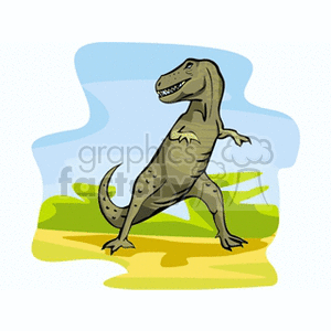 The clipart image features a stylized cartoon representation of a Tyrannosaurus Rex (T-Rex), which is a type of dinosaur. The dinosaur is standing upright on two legs with one arm extended, showcasing typical T-Rex characteristics such as a large head, sharp teeth, and short forelimbs. The background suggests a simple outdoor scene with a blue sky and greenery.