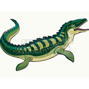 This clipart image features an ichthyosaurus, an ancient marine reptile that lived during the time of the dinosaurs. It is not actually a dinosaur, but it is often associated with them because it existed in the same era. The creature has a streamlined body, a long, pointed snout filled with sharp teeth, and fins that suggest it was well-adapted for an aquatic lifestyle.