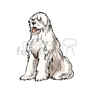 The image is a clipart illustration of a sheepdog. The dog appears to have long, shaggy fur with areas of light and dark shading, typical of a sheepdog's coat. It is sitting down and has its tongue slightly sticking out, suggesting a relaxed or happy demeanor.