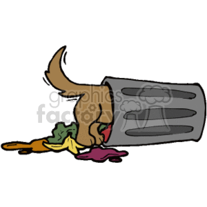 The clipart image depicts a dog with its head inside an overturned trash can, rummaging through it. Trash is scattered around the can, indicating the dog has made a mess while searching through the garbage. The image portrays a humorous and somewhat common scenario of a dog getting into places it shouldn't be, often driven by curiosity or the search for food. It could also be used for stray dogs, who are known for rummaging through trash cans to find something to eat 