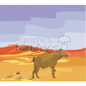 The clipart image depicts a single hyena standing in a desert-like environment with sandy ground, some grass tufts, and rolling dunes in the background under a cloud-streaked sky.