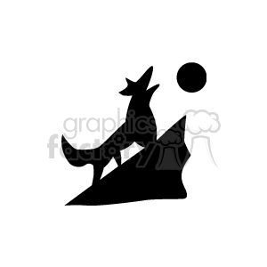 The image displays the silhouette of a dog or a canine akin to a dingo, wolf, or coyote positioned atop what appears to be a hill or a rock, howling at a moon overhead.