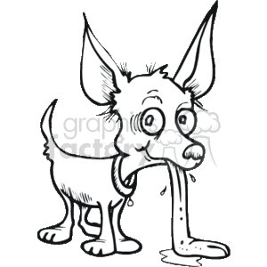 This clipart image features a caricature of a dog that appears to be a Chihuahua. It has exaggerated large ears, wide eyes, and a long tongue that is sticking out, reaching all the way to the ground and creating a small puddle of drool. The dog has a collar around its neck, and the overall style of the image is cartoonish.