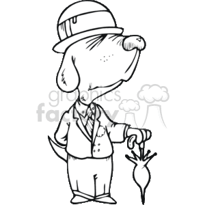 The clipart image depicts an anthropomorphic dog standing upright and dressed like a businessman or salesman. The dog is wearing a suit with a tie, a waistcoat, and a fedora-style hat. It is holding a walking stick or umbrella in one paw, and its posture and attire suggest a formal or professional character, often associated with business or sales professions. The drawing is in a cartoon style and is monochromatic.