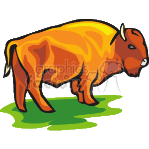The image is a clipart representation of a bison, commonly referred to as a buffalo in North America, standing on a patch of green, possibly indicating grass. The bison is depicted in a style with vibrant orange and yellow colors and outlined in black, giving it a bold and stylized appearance.