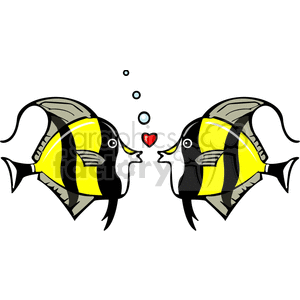 The image is a cartoon-style illustration featuring two tropical fish facing each other as if they are about to kiss. Between them is a small, cartoonish heart symbol, suggesting love or affection. Above the fish are small bubbles, indicating they are underwater. Each fish has yellow and black stripes, which are typical colors for some species of tropical ocean fish.
