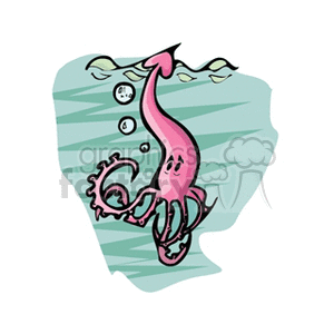 This clipart image features a stylized illustration of a pink squid with its tentacles curled in various directions. The squid appears to be underwater, evidenced by the blue wavy background and bubbles ascending towards the water's surface. The design is simple and cartoon-like, typical of clipart graphics.