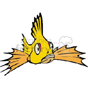 This image features a stylized cartoon representation of a fish with large, pronounced fins and a somewhat surprised or startled expression. The fish has a yellow body with hints of orange on the fins, and it has a visible red eye.