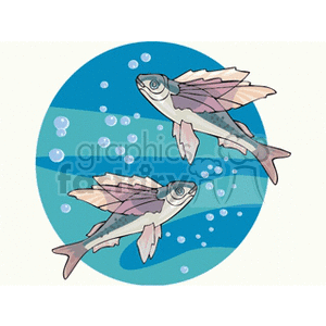 The clipart image shows two cartoon fish swimming in water with bubbles around them. The fish appear to be in motion and the background is a stylized representation of water with horizontal blue stripes.
