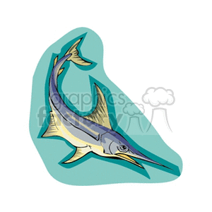 The image is a stylized illustration of a swordfish. The swordfish is depicted in side profile, featuring its distinctive elongated bill, sleek body, and spread tail fin.