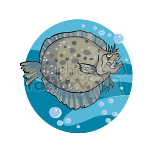 The image is a clipart illustration of a single fish with a round, flat body and spots. It appears to be a flounder or a similar type of flatfish that inhabits tropical marine environments. The fish is surrounded by water and air bubbles, indicating that it is underwater.