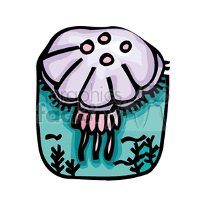 The clipart image depicts a stylized jellyfish with a rounded bell and multiple trailing tentacles. The background suggests an underwater scene with hints of seaweed or coral, indicating an oceanic habitat.