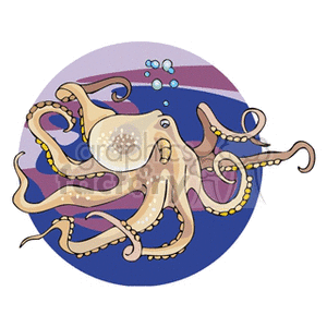 The image shows a stylized octopus with multiple tentacles, suction cups visible, swimming in the ocean, indicated by the bubbles and the blue-purple background suggestive of water.