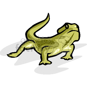 The image is a clipart illustration of a green lizard. The lizard is depicted in a simplified cartoon style, with a curved tail and a prominent eye, and it is standing in a profile view with a white background.