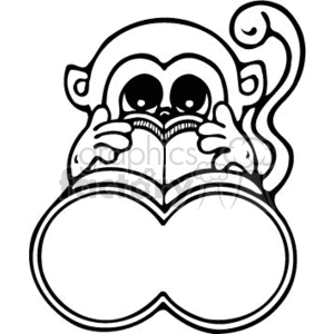 This is a black and white clipart image of a cartoon monkey. The monkey is peering over a large pair of binoculars with its eyes magnified as if it's actively looking at something. The binoculars appear oversized in comparison to the monkey, and the image is designed in a humorous and whimsical style, common for clipart meant to be engaging or entertaining.
