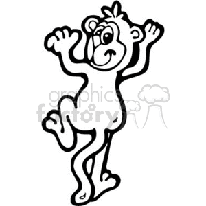 The image is a black and white clipart of a monkey. The monkey is depicted in a playful pose, standing on one leg with its other leg lifted and both arms raised up, as if it is dancing or celebrating. It has a happy expression on its face.
