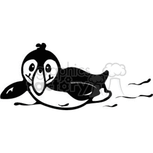 The image is a black and white clipart of a penguin. It is sliding on its belly, which is a typical behavior for penguins when they are on ice. The style is simple and cartoon-like, capturing the playful character of the penguin. There are also lines behind the penguin indicating motion, suggesting that it is sliding across the surface.