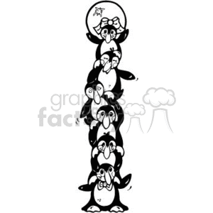 The clipart image shows a humorous take on a totem pole, where instead of the traditional sculpted faces and figures, there is a vertical stack of cartoon penguins standing on top of each other's heads. Starting from the bottom, each penguin has its flippers (wings) outstretched, and they appear to be amusingly balancing the penguin above. The penguins are stylized and simplified, typical of clipart images, giving the impression of a playful, funny scene involving these flightless birds often associated with Antarctic regions.