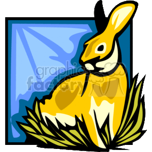 The image is a stylized clipart illustration of a rabbit. The rabbit is predominantly yellow with darker shaded areas suggesting contours on its body. It is sitting on a base of foliage, which could represent grass or straw. The background is a simple representation of a blue sky with what appears to be a white sunbeam or light area coming in from the upper left corner, emphasizing the rabbit. The image uses bold and simple shapes, and the colors are bright and clear. The style is reminiscent of modernist art, employing a reduced level of detail to convey the subject. This image could be associated with Easter due to the cultural connection between rabbits and the holiday.