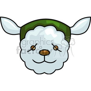 The image displays a graphic or clipart of a cheerful sheep's face with a green headband or hat. The sheep has fluffy white wool, with small tan horns, closed eyes giving a content expression, and a cute little nose.