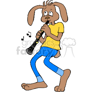 The image features an anthropomorphic rabbit that stands upright like a human. This cartoon rabbit is playing a flute and appears to be involved in making music, as shown by the musical notes nearby. The rabbit is dressed in a casual outfit with a yellow top and blue trousers. The drawing style is that of clip art, commonly used for illustrative purposes in various mediums such as educational materials, presentations, and digital content.
