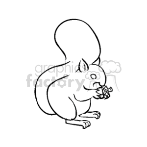 This is a black and white clipart image of a squirrel holding a nut. The squirrel is depicted in a simplified form with a large, bushy tail.