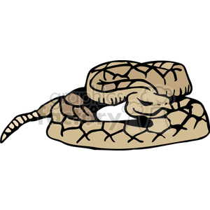 The clipart image depicts a coiled rattlesnake. The snake is illustrated in a simplified manner typical of clipart, with emphasis on its distinctive patterns and the rattle at the end of its tail.
