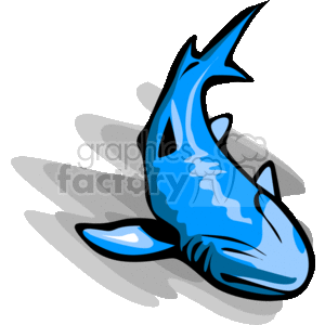 The clipart image features a stylized representation of a shark in shades of blue, with an exaggerated and pointed snout and prominent dorsal fin. The shark appears dynamic, as if captured in mid-movement, and is surrounded by water-like elements that suggest it is swimming.
