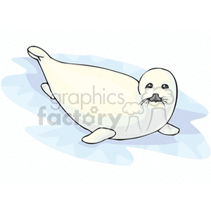 The image features a cute, cartoon-style baby seal laying on what appears to be a patch of ice with blue water surrounding it. The seal is predominantly white with shading that adds dimension, along with visible whiskers and dark eyes that give it a gentle expression.