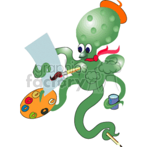 The clipart image shows an artistic octopus engaged in painting. It has a beret on its head, and a red scarf around its neck, suggesting a stereotypical artist's attire. The octopus is holding a palette full of colorful paint blobs in one tentacle and a paintbrush in another, which it is using to apply paint to a canvas. The remaining tentacles are variously holding a paintbrush, a canvas, and a cup likely containing water for rinsing brushes. The octopus appears cheerful and immersed in its creative process.