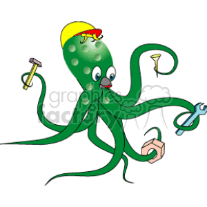 The clipart image depicts a green octopus engaged in construction work. The octopus is anthropomorphized, displaying facial features such as eyes and a mouth, and it is wearing a yellow construction helmet for safety. The octopus is utilizing its multiple arms efficiently, holding construction tools such as a hammer, nails, and a wrench. Additionally, it is holding a measuring tape and is accompanied by a nut, implying that the octopus is involved in a variety of construction tasks. The style is cartoonish and playful, suggesting a theme of versatility or multitasking. The background is plain white, emphasizing the subject.