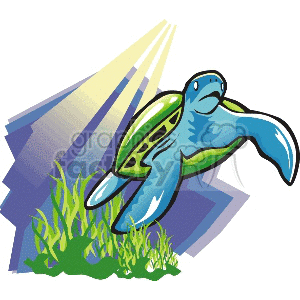The image depicts a stylized sea turtle with a prominent shell swimming in the ocean. There are rays of light filtering through the water, suggesting the turtle is not too far below the surface. Seaweed or ocean plants are visible at the bottom of the image.