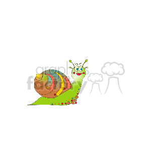 The image is a colorful and stylized clipart of a snail. The snail appears to be happy or cheerful, depicted with a wide-eyed, smiling face. There are decorative patterns and multiple colors on the snail's shell, and it seems to be set against a plain, transparent background.