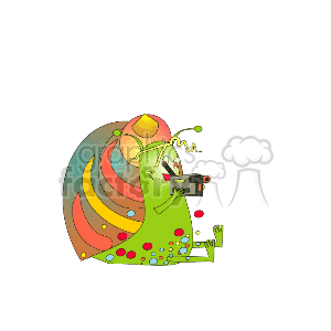 The image is a colorful, stylized drawing of a snail. The snail has a large spiral shell with multiple colors like green, yellow, orange, and red.  It's holding a camcorder. The overall tone of the clip art is playful and cartoonish.
