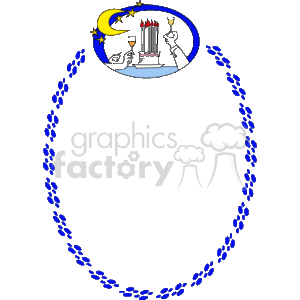 This clipart image includes an oval-shaped border or frame comprised of blue repeating elements, which could be interpreted as flowers or decorative knots. Within the upper portion of the oval, there is a circle that contains a scene. The scene depicts two 2 hands with glasses in, and a cake with lit candles.