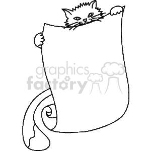 The clipart image features a whimsical line drawing of a stylized cat peering over a curled-up scroll or a piece of paper that serves as a frame or border. The cat is holding onto the top of the frame with its front paws, and the tail of the scroll curves into an elegant flourish. The design is simple and open, allowing for text or other content to be placed within the blank area of the scroll the cat is holding.