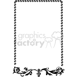The image shows a rectangular clipart frame that features ornamental borders. Along the sides, there is a repetitive design that looks like a series of loops or spirals, lending a decorative aspect to the border. At the bottom of the frame, there's a more intricate flourish design with swirls and accents, which looks like a stylized motif with possible floral elements. This kind of design is typically used for stationary, certificates, or pages that require a formal or elegant touch.