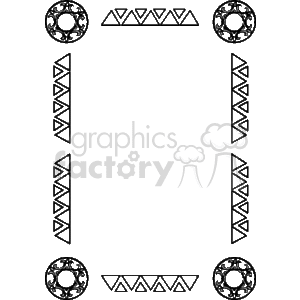 The image shows a decorative frame or border with an Aztec-inspired design. The corners feature circular designs with intricate patterns that resemble Aztec art. Along the top and bottom of the frame are horizontal rows of triangles lined up to create a border. On the sides, there are vertical panels with zigzag patterns, which give a symmetrical and ornamental feel. The entire design is in black on a white background, giving it a bold and graphic appearance commonly found in clipart.