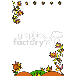 The clipart image features a decorative border with a floral theme. The border primarily consists of colorful, stylized flowers and leaves, creating a frame around a central area, which appears to be left blank for text or other content. The flowers and leaves are arranged in an ornamental pattern, with a cluster on the bottom edge and a vertical strand extending up the left side of the border. The overall design gives the impression of a natural scene or garden, and the bright colors make it visually appealing.