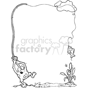 This is a black and white clipart image featuring a country-style scene with a whimsical touch. The illustration includes a frog standing on the ground, holding a fishing rod that curves into a decorative frame or border around the central space of the image. The fishing line dangles from the rod, and at the end of the line, there's a hooked fish, which is also airborne and seems to be quite surprised. The frog appears to be happy, perhaps satisfied with its catch. There is also some vegetation, including grass and a flower, at the bottom left of the image, and a cloud is drawn in the top left corner to complete the outdoor scene. The center of the image is left mostly blank, making it suitable for text or other content to be added within the borders.