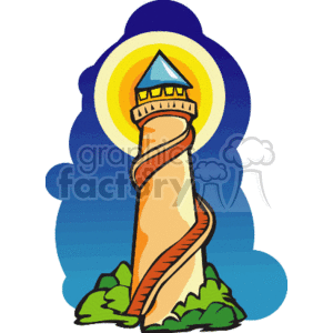 The clipart image features a stylized lighthouse with a spiral design wrapping around its exterior. The lighthouse has a blue roof and is sitting on a small outcrop of greenery. Behind it is a bright yellow light, suggesting the light emitted by the lighthouse, and a blue background that could represent the sky or water. This image is a colorful, cartoon-like representation of a lighthouse, a structure typically used to guide maritime navigation.