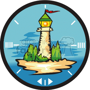 The clipart image features a lighthouse on a small island. The lighthouse is tall, with a light on top and a red flag flying from its peak. Surrounding the base of the lighthouse are some green bushes or small trees. The island appears to have a sandy shore, and there are waves depicted in the blue water around it. The scene is encapsulated within a circular border.