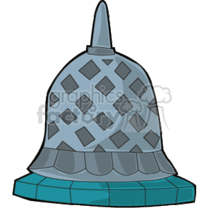 The clipart image depicts a stylized bell. The bell has a patterned texture on its surface, which includes a series of diamond-shaped cutouts. It has a rounded top that tapers up to a point which suggests it might be the attachment for a bell clapper or a handle. The bottom edge of the bell has a stepped design, and it sits on what looks to be a flat base. The color scheme consists of blue and grey shades. The bell does not represent an actual object with high fidelity but rather a simplified or iconic representation.